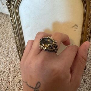 Statement Floral Cluster Ring with Smoky Center Stone - Gold & Silver Tones